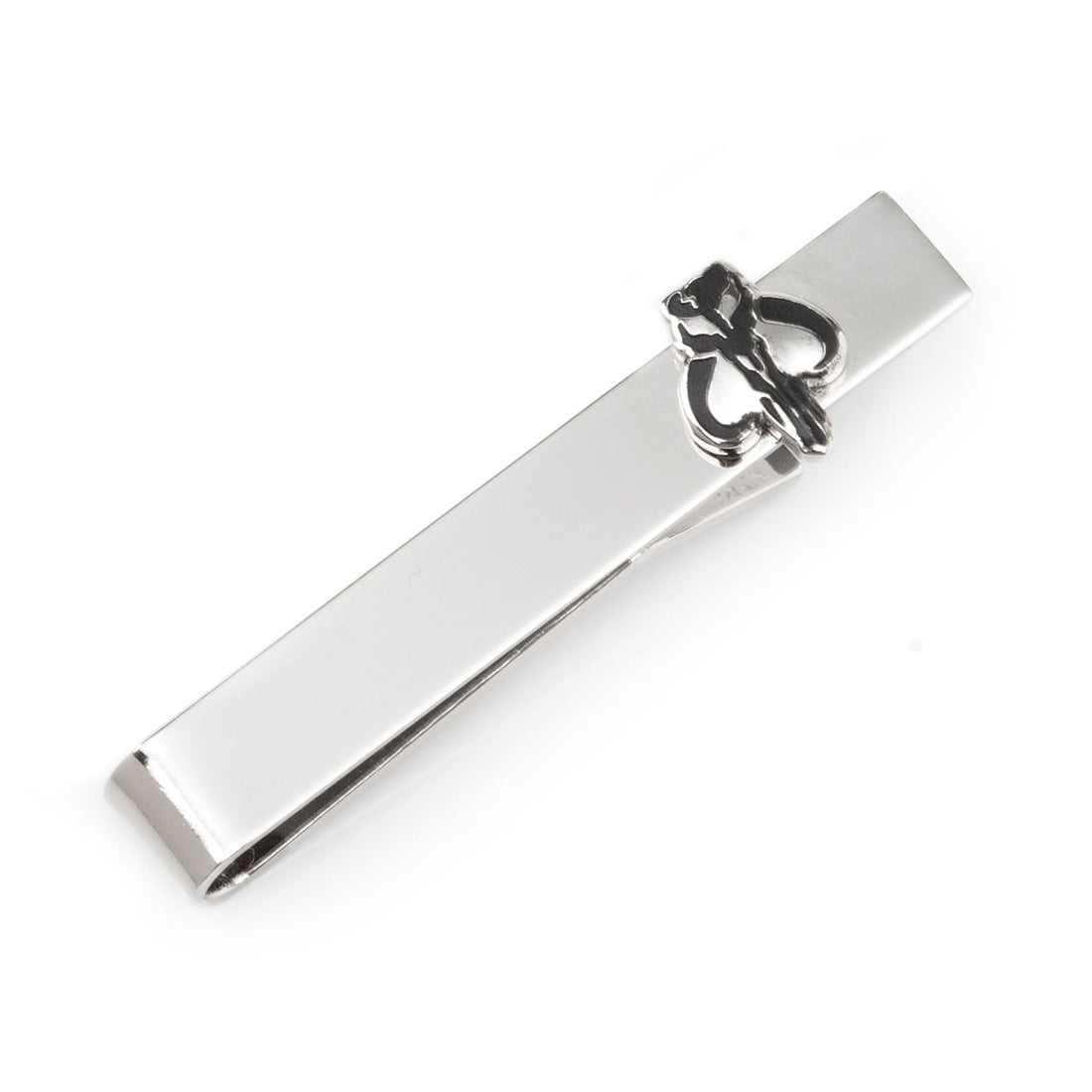 Silver tone Star Wars Mandalorian Mythosaur tie bar on a grey patterned tie.