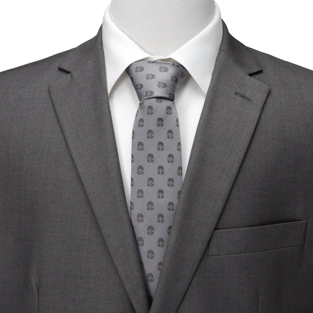 Star Wars Mandalorian Helmet Pattern Silk Necktie in Gray - Image 2