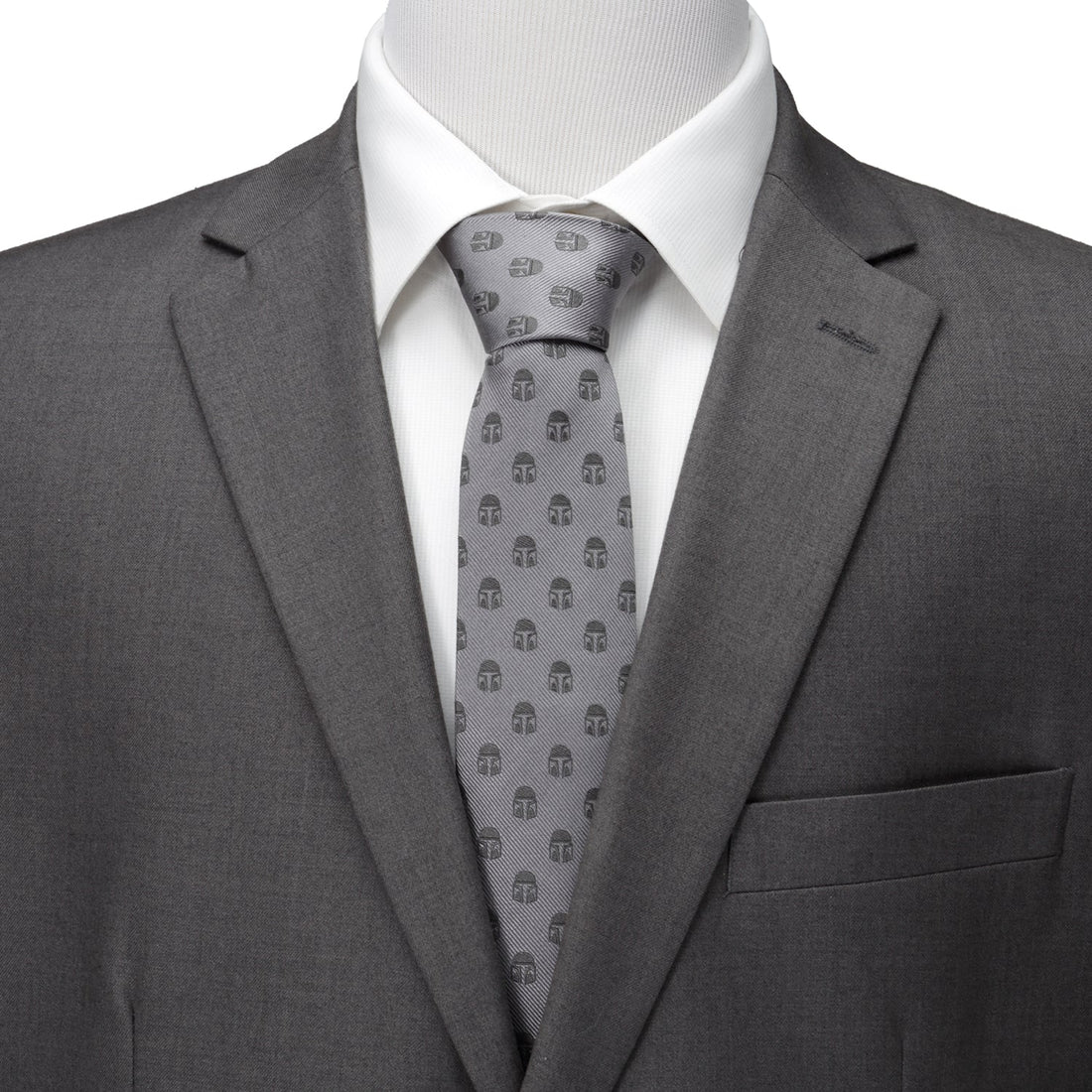 Star Wars Mandalorian Helmet Pattern Silk Necktie in Gray - Image 2