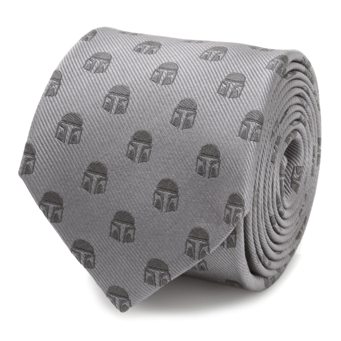 Close up of a pale gray silk necktie featuring a repeating pattern of dark gray Mandalorian helmet icons.