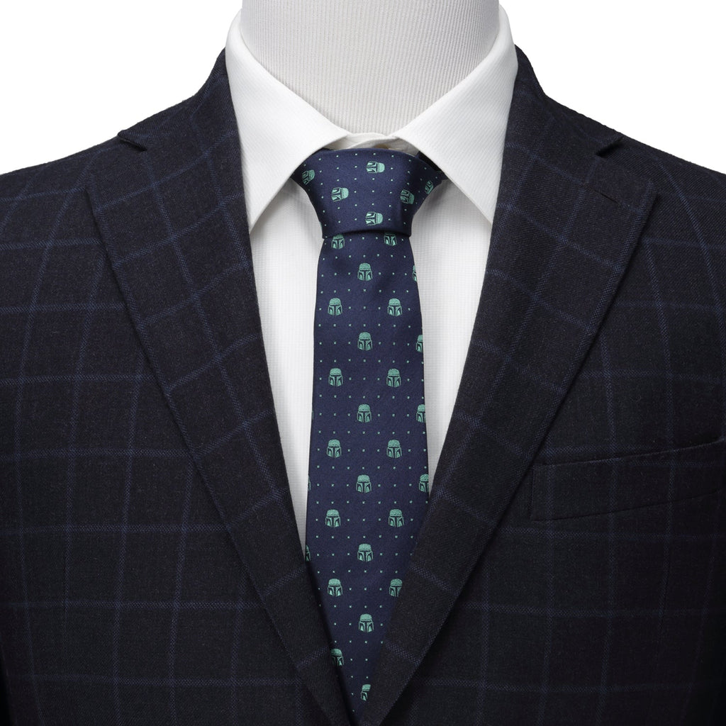 Star Wars The Mandalorian Navy Tie with Green Helmet Icons - Image 2