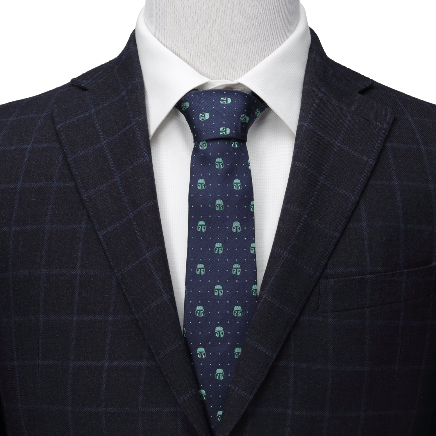 Star Wars The Mandalorian Navy Tie with Green Helmet Icons - Image 2
