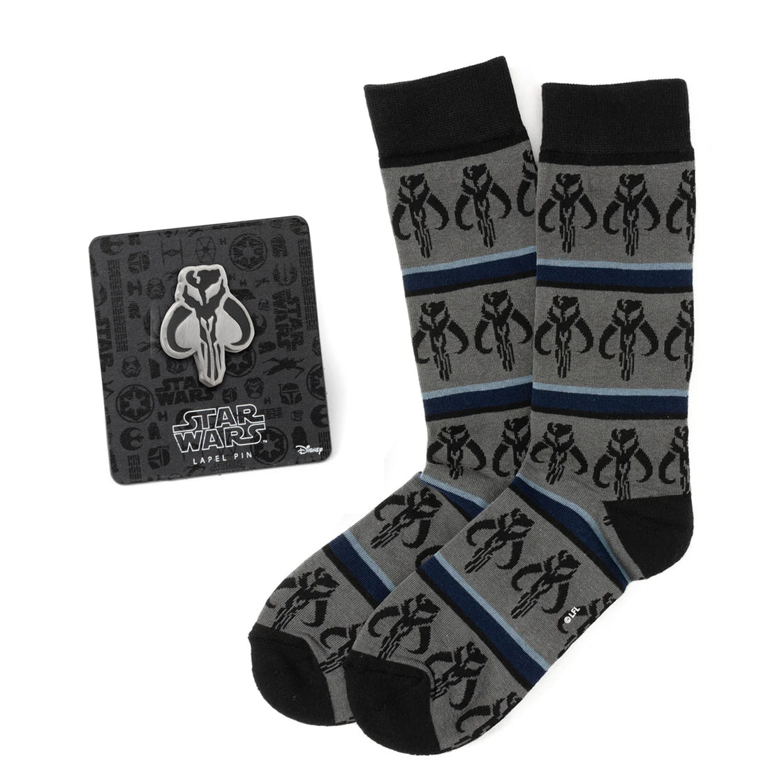 Star Wars Mandalorian Mythosaur striped crew socks in grey, blue, and black with a matching silver enamel lapel pin.