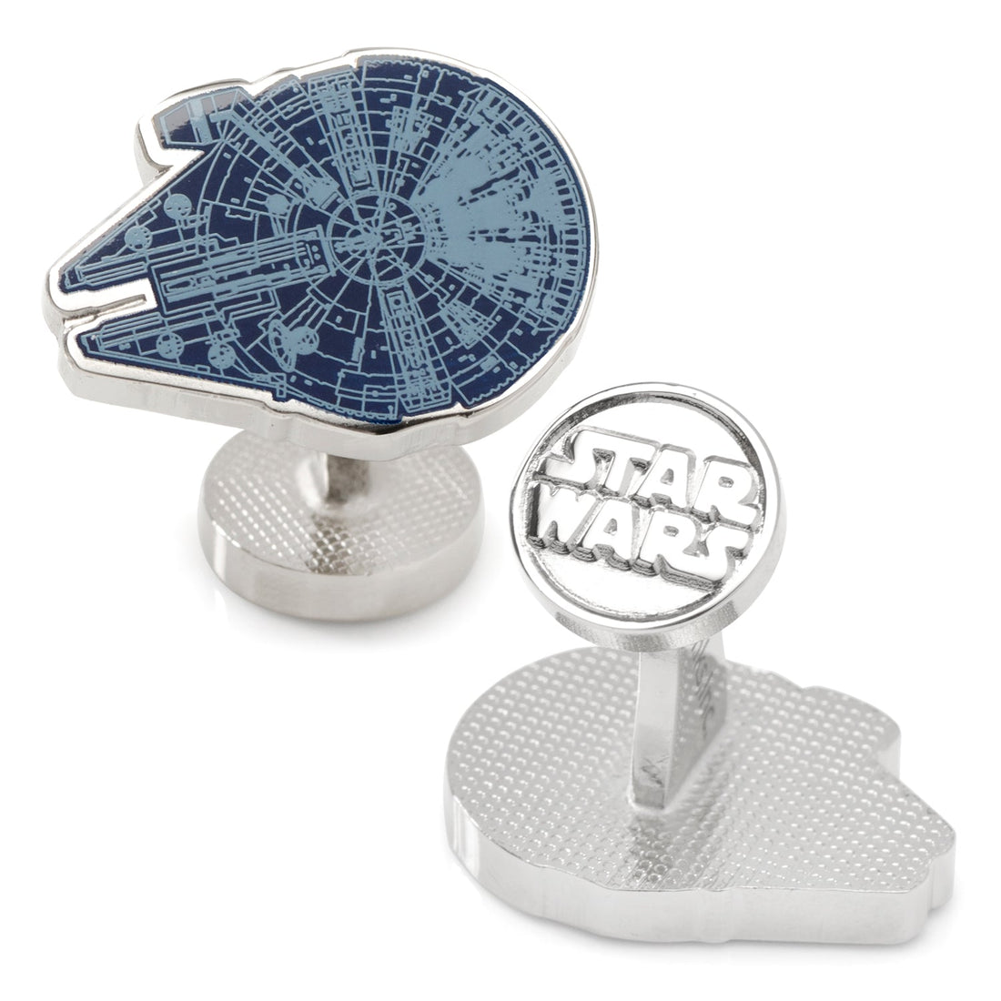 A pair of silver-tone cufflinks shaped like the Millennium Falcon from Star Wars with blue enamel blueprint detailing.