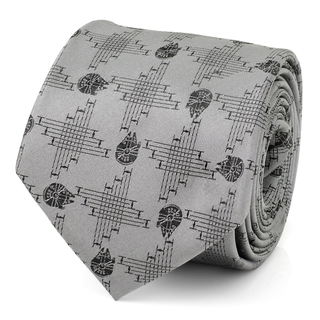 Close up of a gray silk blend necktie featuring a repeating Millennium Falcon pattern in Star Wars theme.