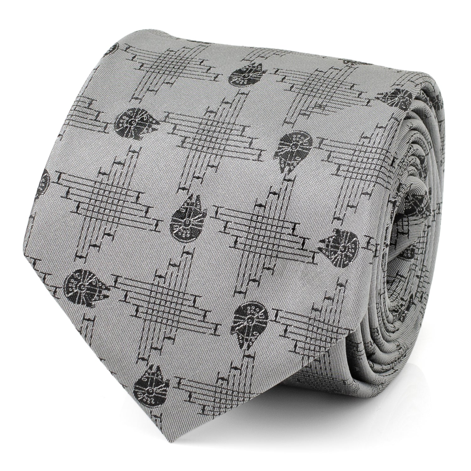 Close up of a gray silk blend necktie featuring a repeating Millennium Falcon pattern in Star Wars theme.