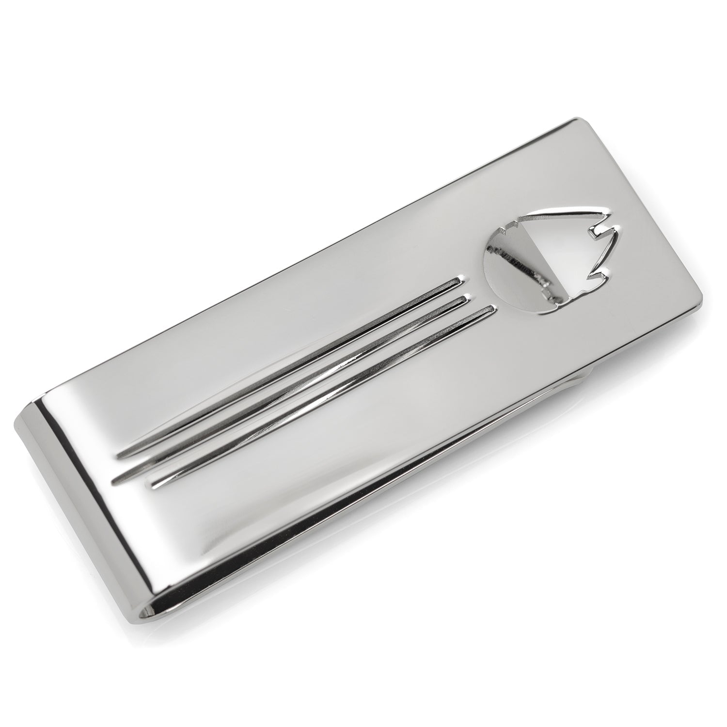 Silver tone metal money clip with a Millennium Falcon cutout design holding credit cards and cash.