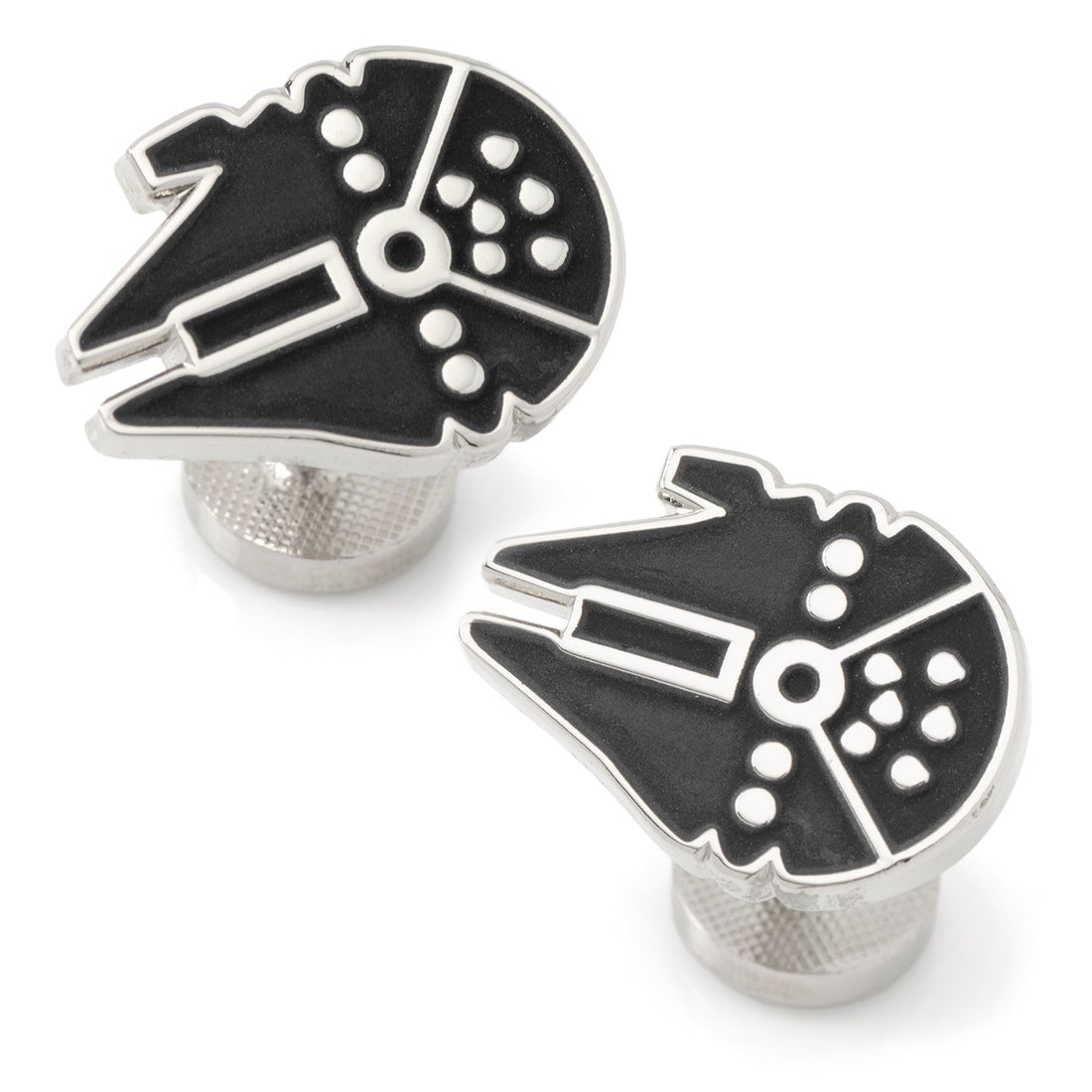 A pair of Star Wars Millennium Falcon shaped cufflinks in silver and matte black finish