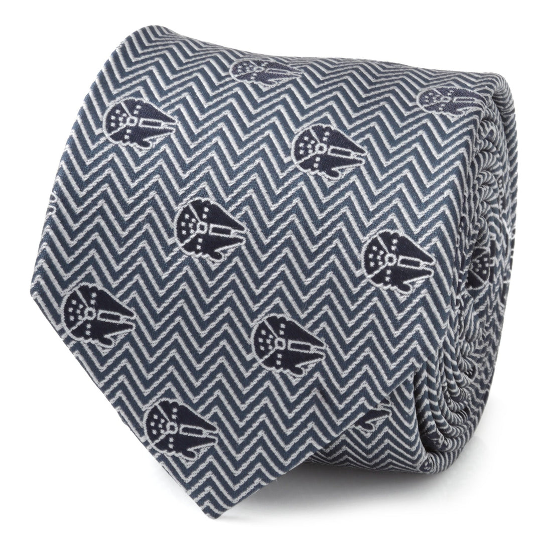 Close up and full length view of a black and grey herringbone silk tie featuring small Millennium Falcon ship icons.