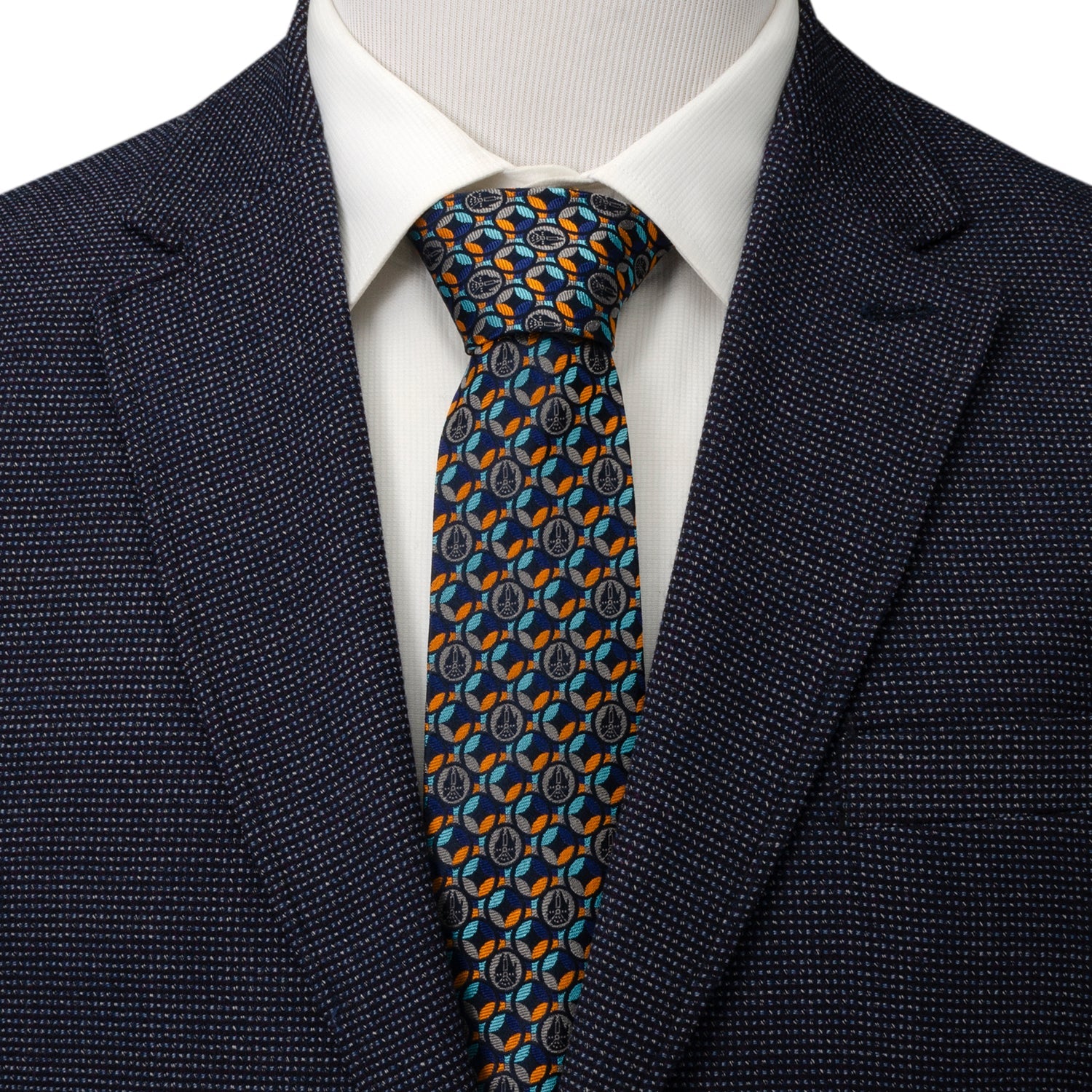 Star Wars Millennium Falcon Pattern Navy Blue Silk Tie - Image 2