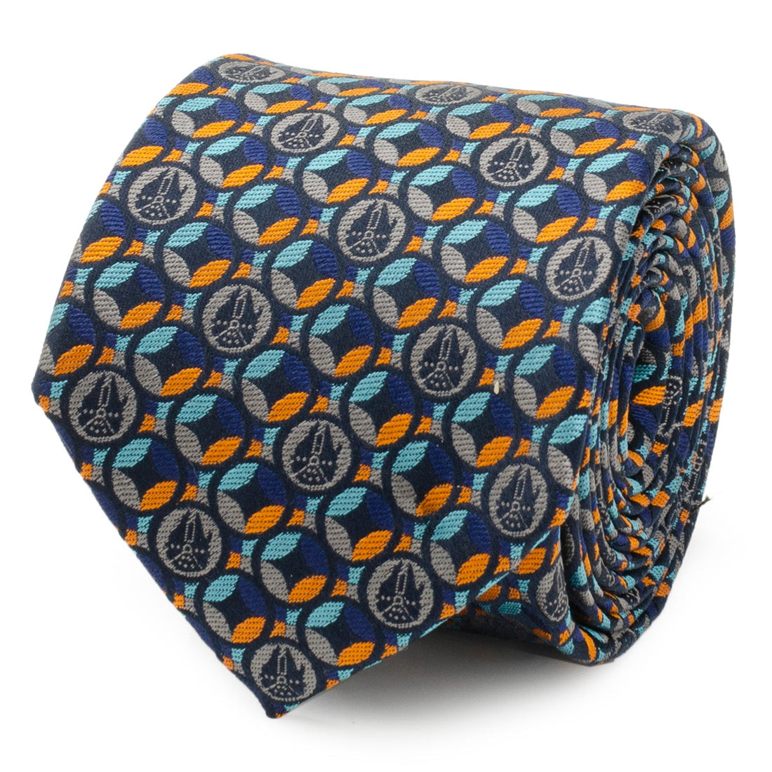 A navy blue silk necktie featuring a repeating pattern of circular Millennium Falcon motifs in gray, orange, and aqua blue.