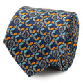 A navy blue silk necktie featuring a repeating pattern of circular Millennium Falcon motifs in gray, orange, and aqua blue.