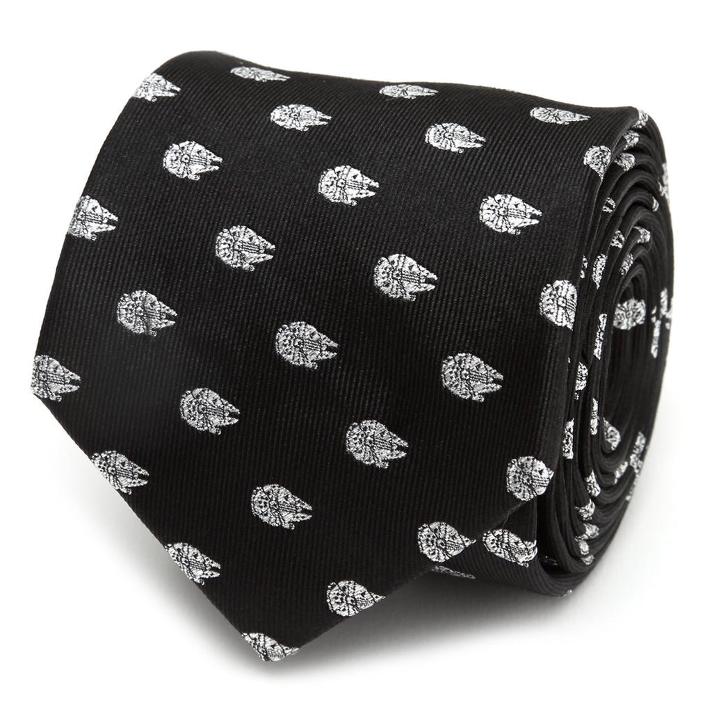 A black silk necktie patterned with small metallic silver Millennium Falcon icons from Star Wars.