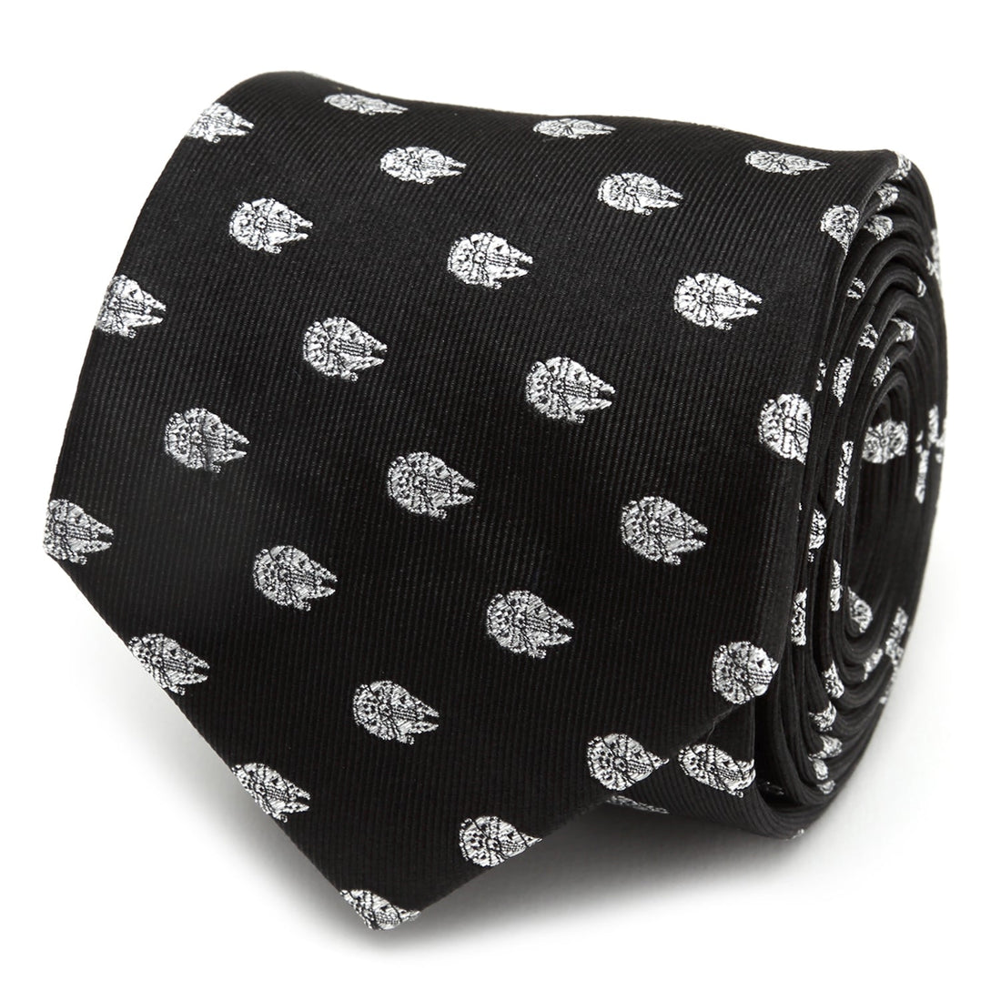 A black silk necktie patterned with small metallic silver Millennium Falcon icons from Star Wars.