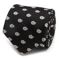 A black silk necktie patterned with small metallic silver Millennium Falcon icons from Star Wars.