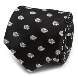 A black silk necktie patterned with small metallic silver Millennium Falcon icons from Star Wars.