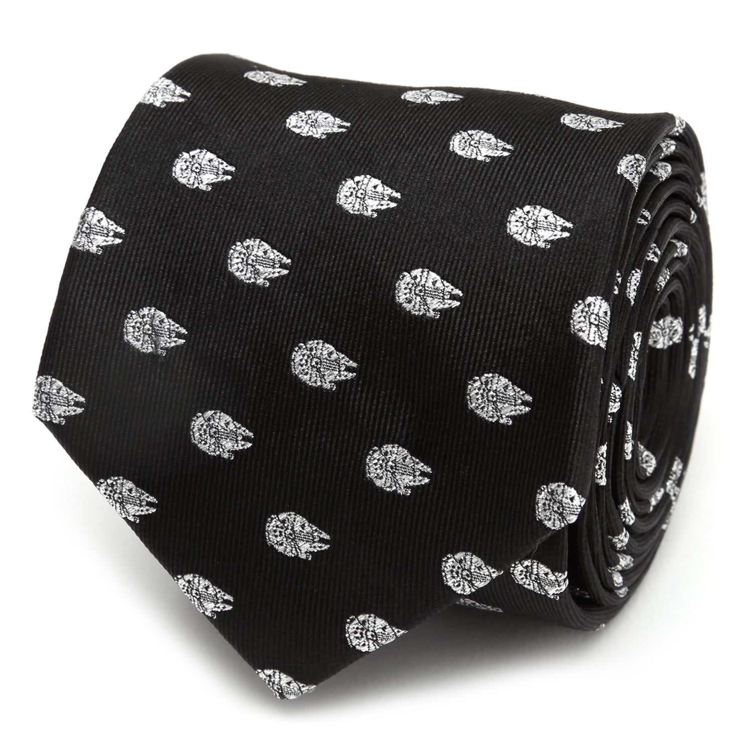 A black silk necktie patterned with small metallic silver Millennium Falcon icons from Star Wars.