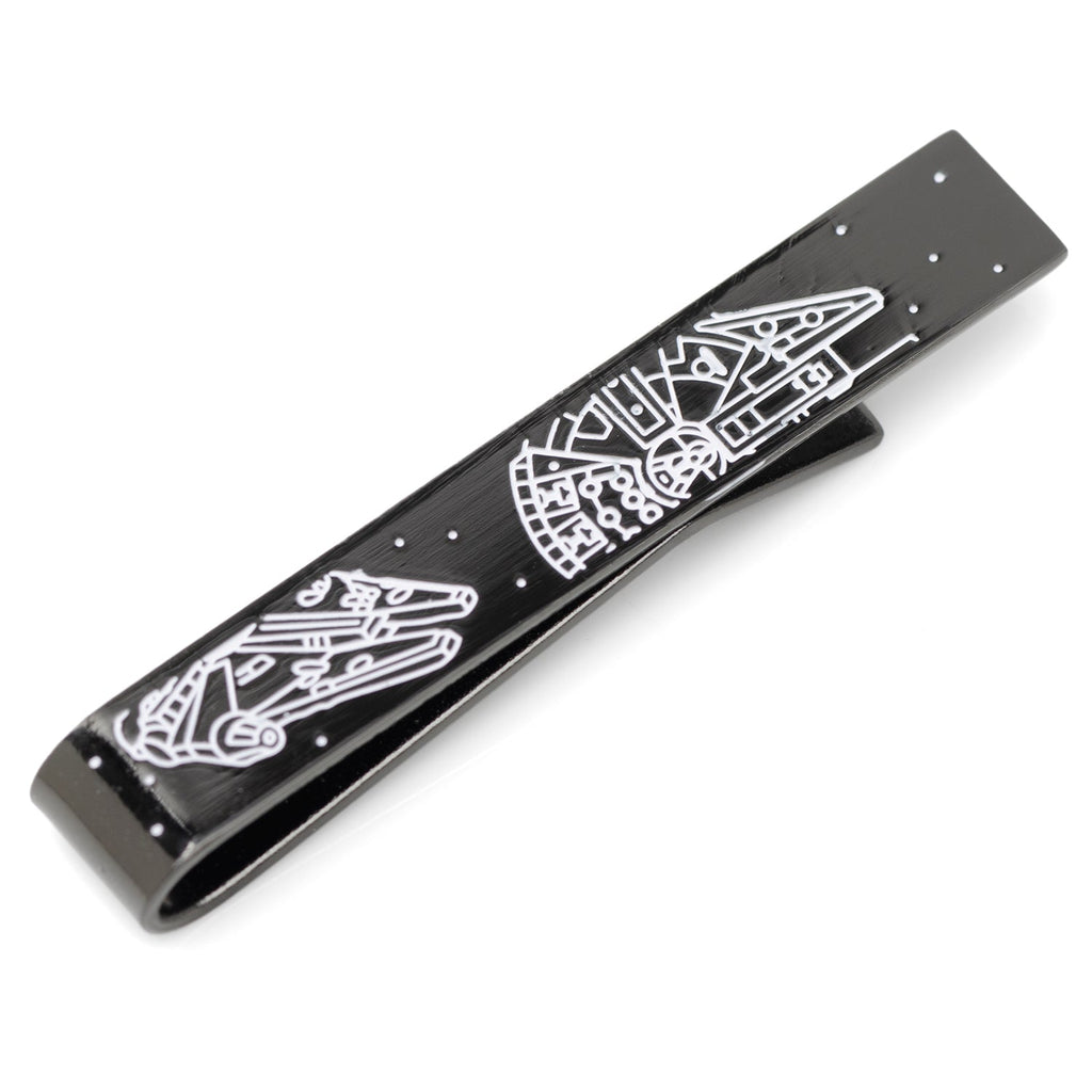 A black metal tie bar featuring a white printed Millennium Falcon blueprint design.