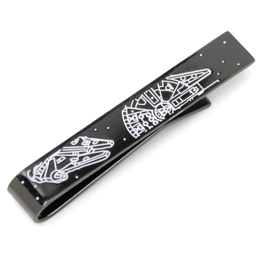 A black metal tie bar featuring a white printed Millennium Falcon blueprint design.