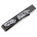 A black metal tie bar featuring a white printed Millennium Falcon blueprint design.