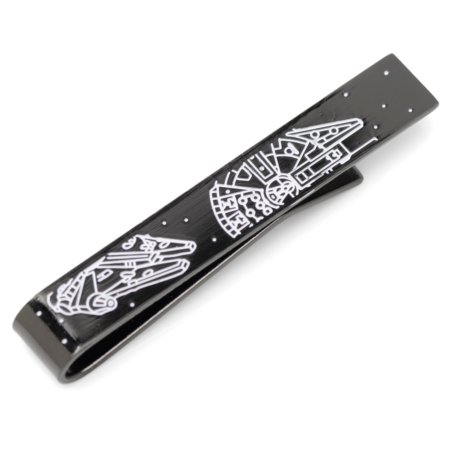 A black metal tie bar featuring a white printed Millennium Falcon blueprint design.