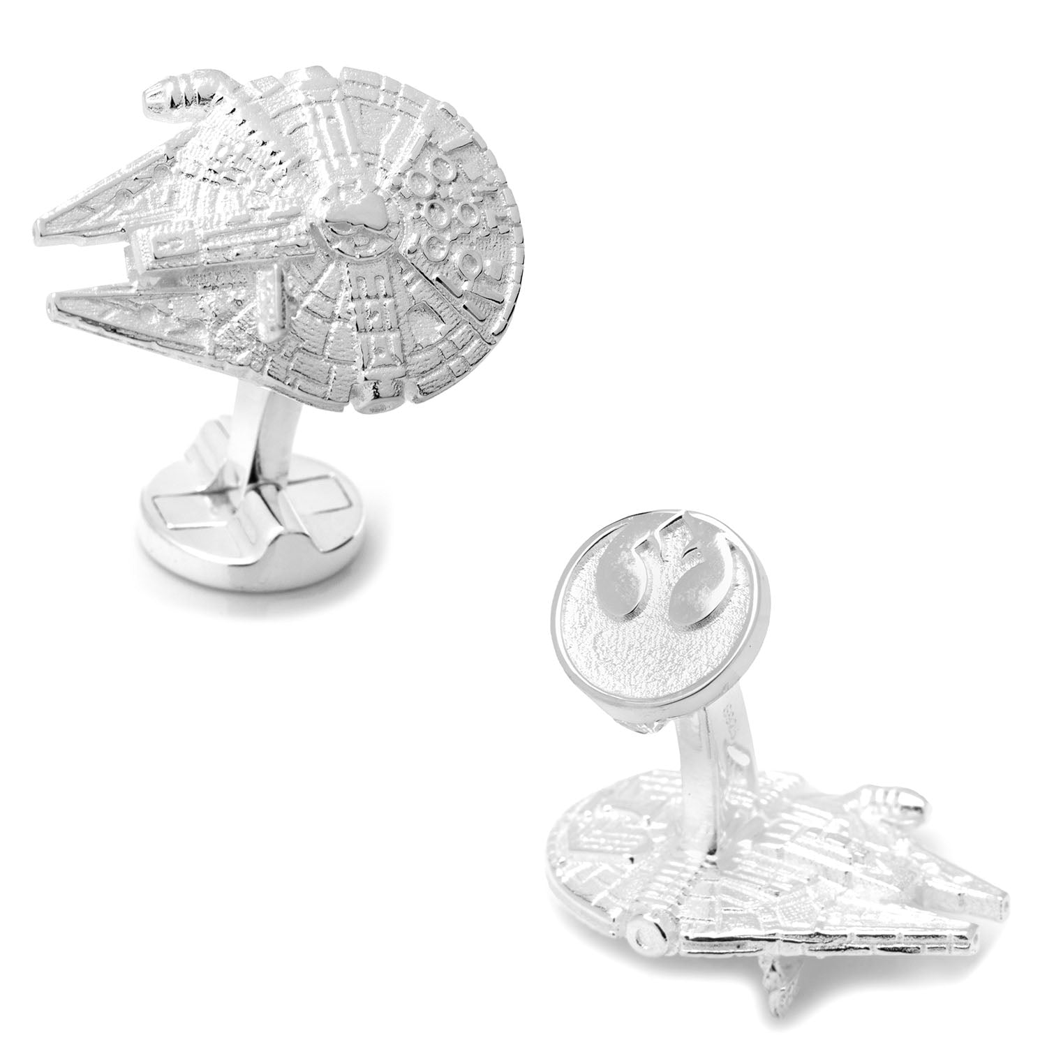 A pair of 3D Millennium Falcon ship cufflinks made of shiny sterling silver with a swivel backing.