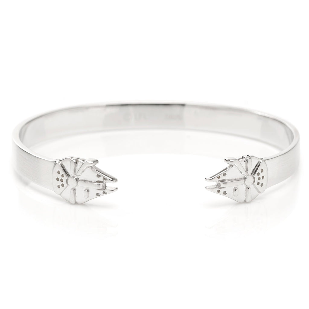 A slim stainless steel cuff bracelet featuring a Millennium Falcon design from Star Wars.