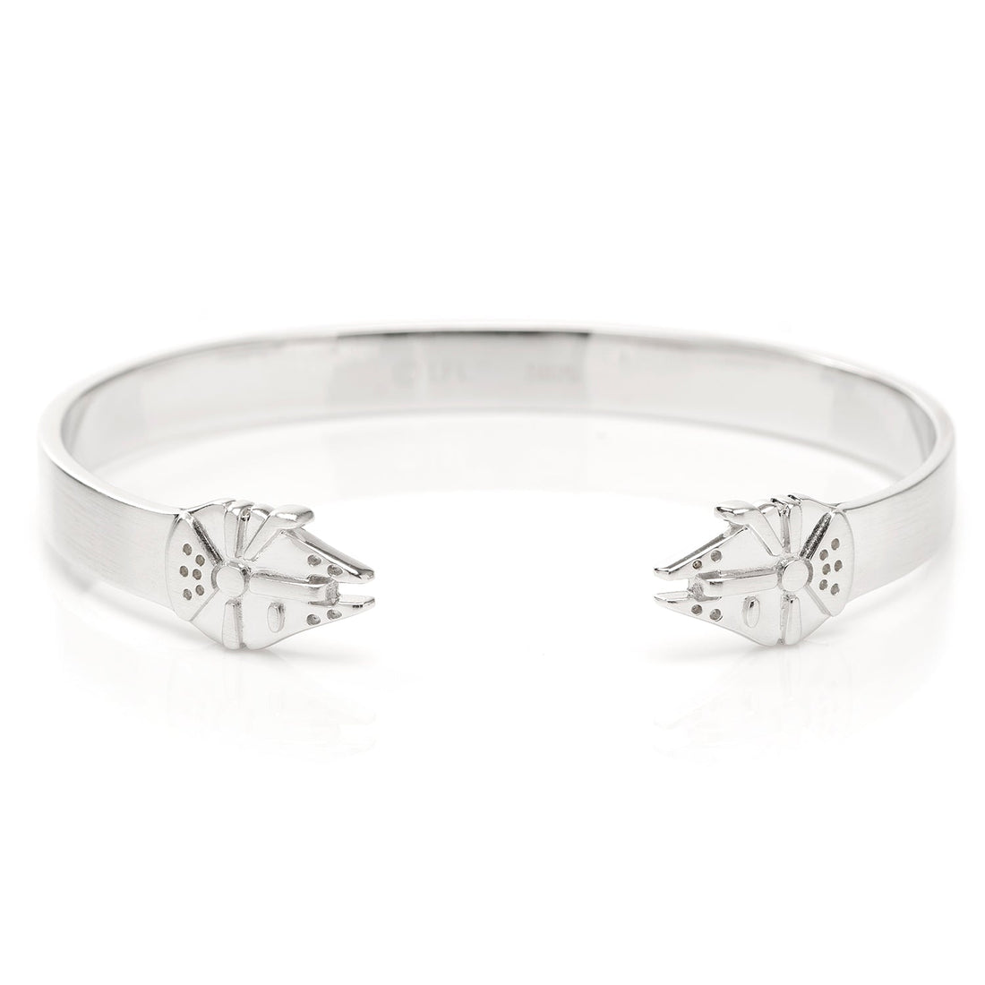 A slim stainless steel cuff bracelet featuring a Millennium Falcon design from Star Wars.