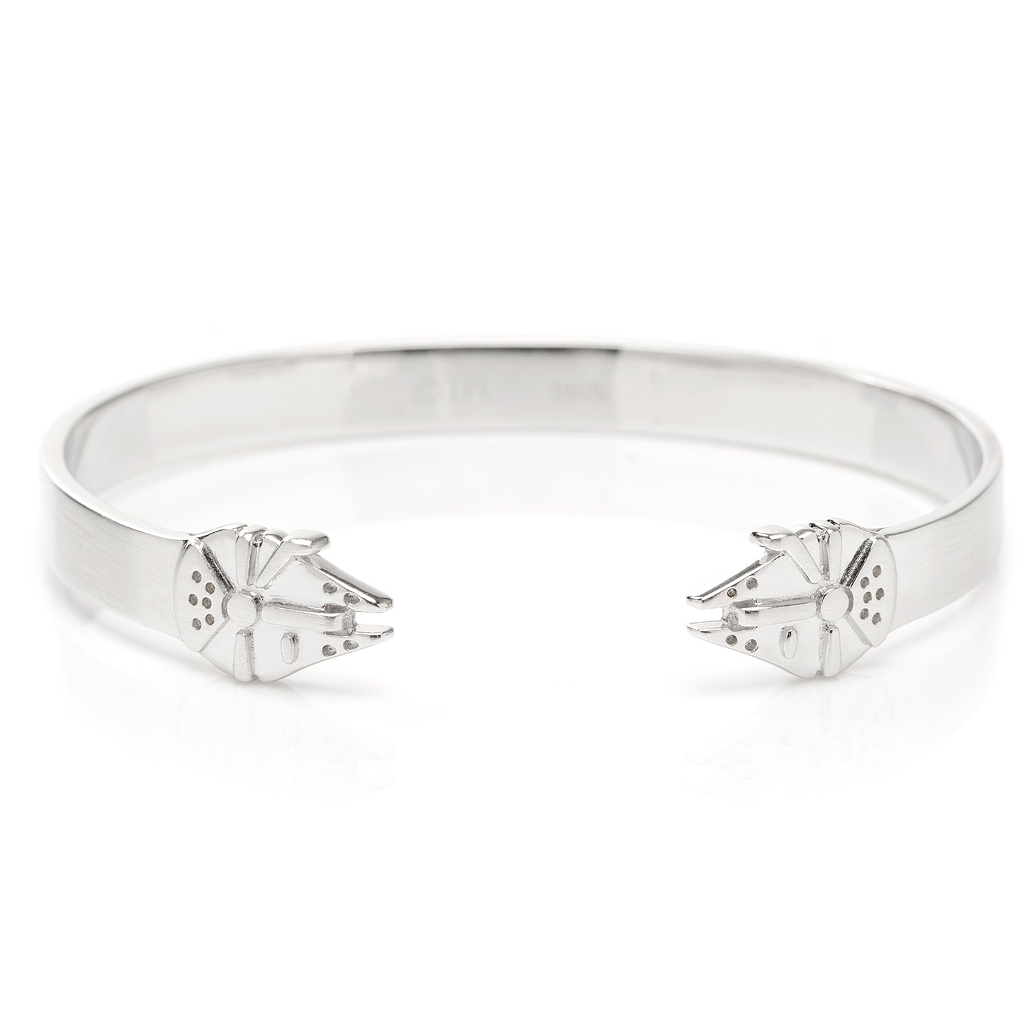 A slim stainless steel cuff bracelet featuring a Millennium Falcon design from Star Wars.