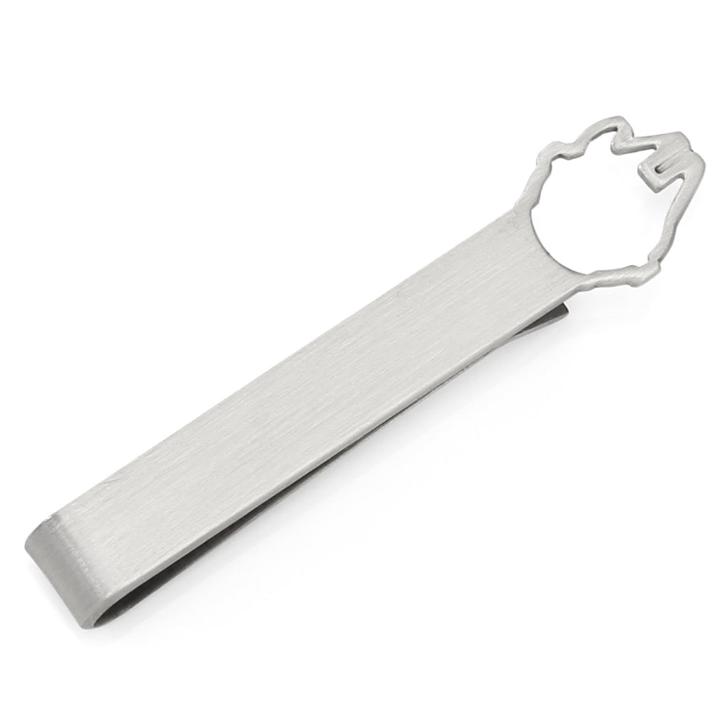 A silver-tone metal tie bar featuring a Millennium Falcon cutout design on a tie against a white background.