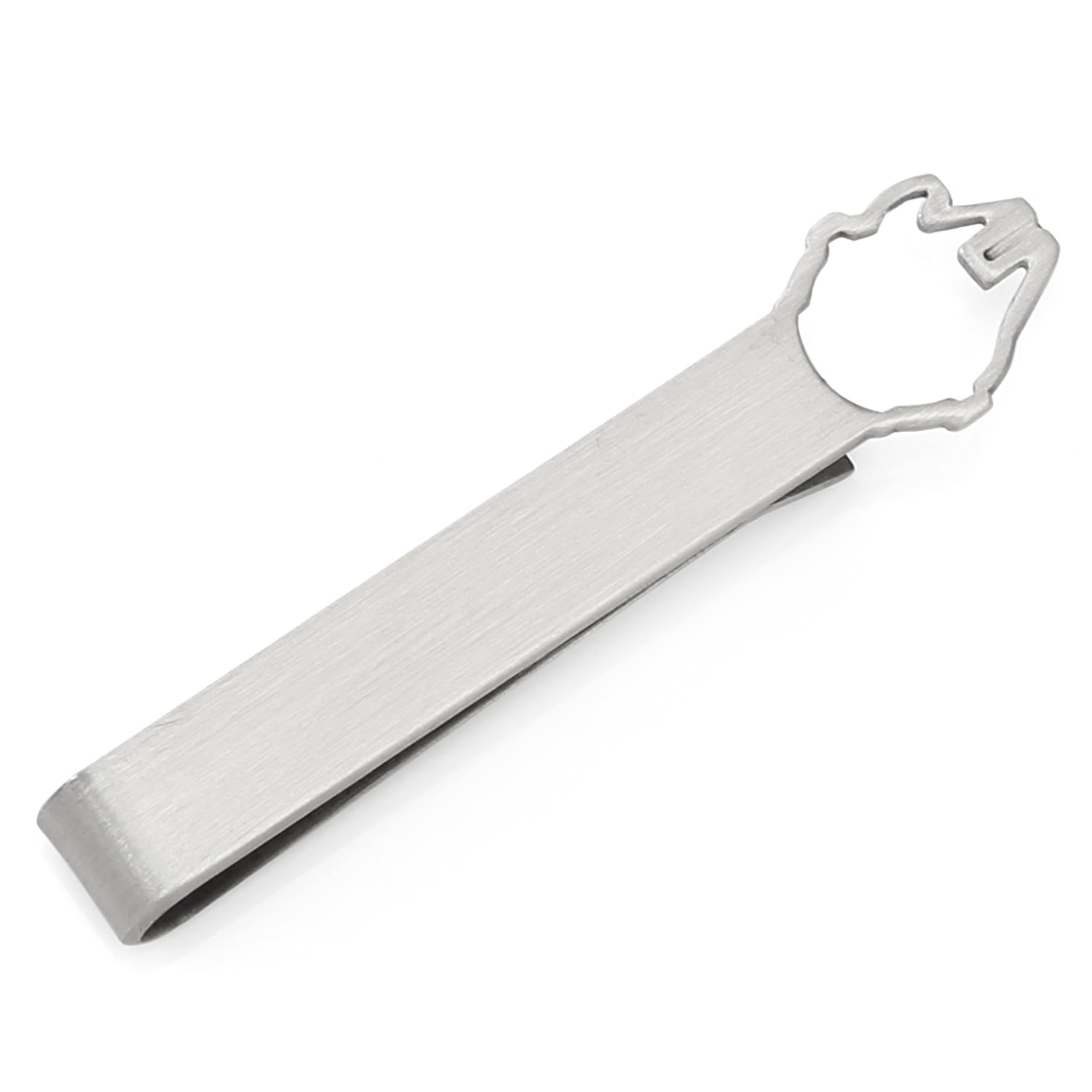 A silver-tone metal tie bar featuring a Millennium Falcon cutout design on a tie against a white background.