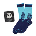 Blue Star Wars Millennium Falcon crew socks paired with a silver Rebel Alliance crest lapel pin on a display card.