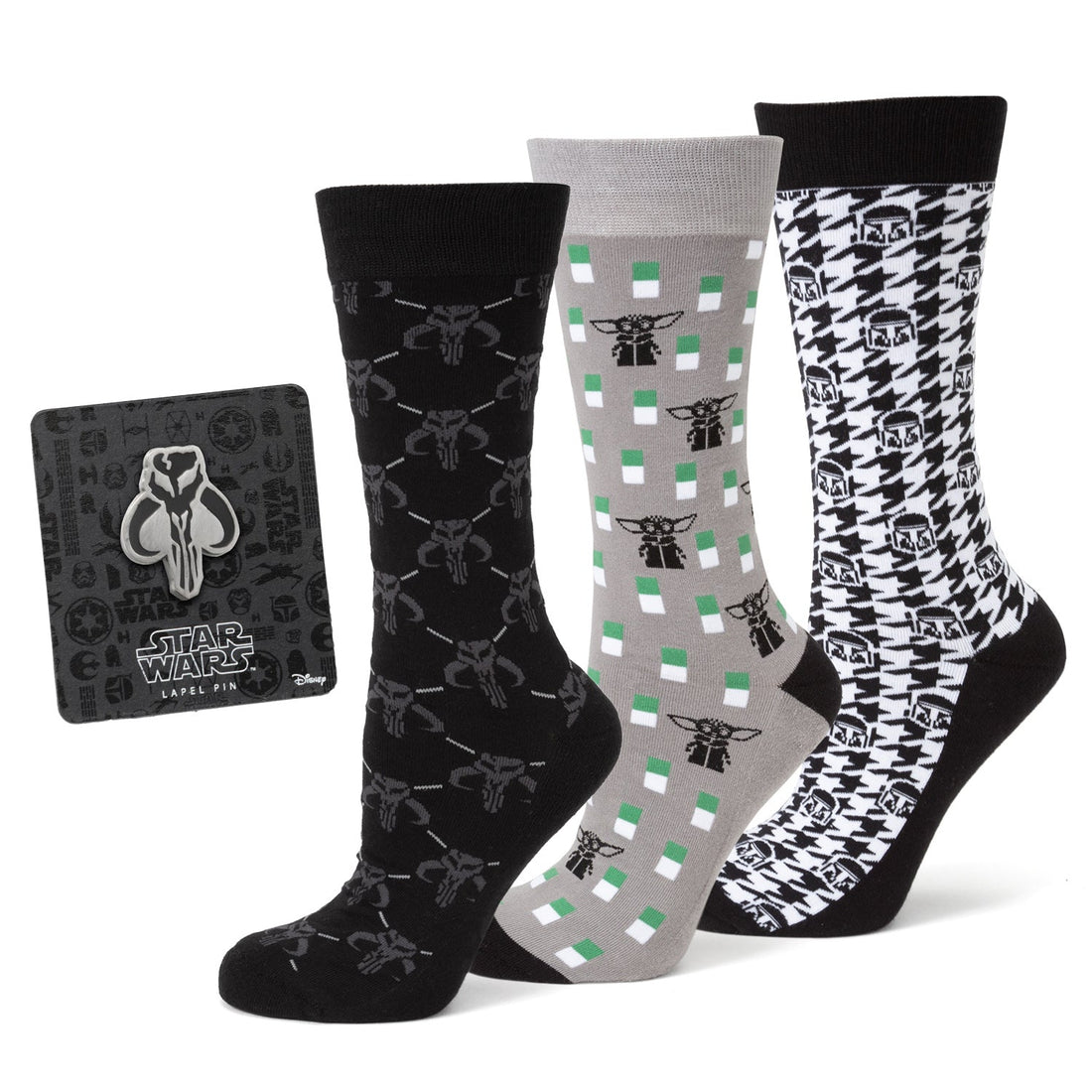Three pairs of Star Wars Mandalorian crew socks with a Mythosaur lapel pin in a gift box.