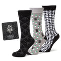 Three pairs of Star Wars Mandalorian crew socks with a Mythosaur lapel pin in a gift box.
