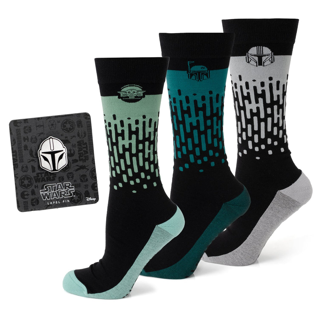 Star Wars Mandalorian gift set including three pairs of crew socks and a Mandalorian helmet lapel pin