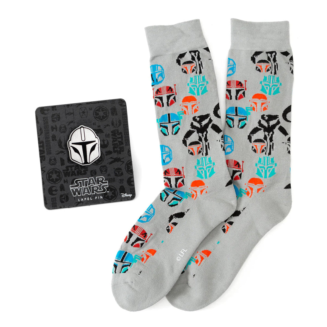 Gray crew socks with multicolored Mandalorian helmet pattern and a matching Star Wars helmet lapel pin.