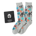 Gray crew socks with multicolored Mandalorian helmet pattern and a matching Star Wars helmet lapel pin.