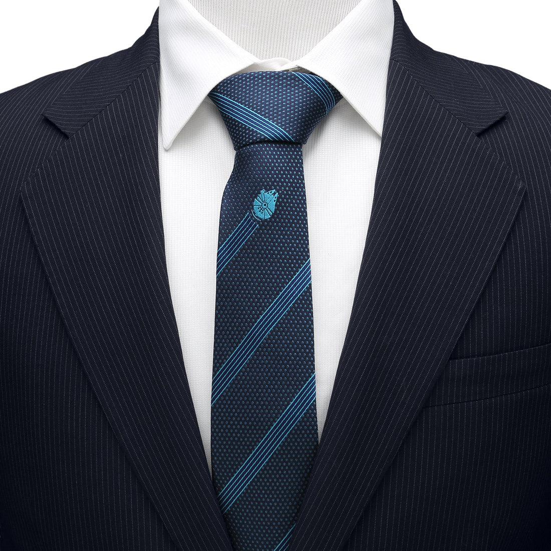 Star Wars Millennium Falcon Navy and Azure Blue Striped Silk Tie - Image 2