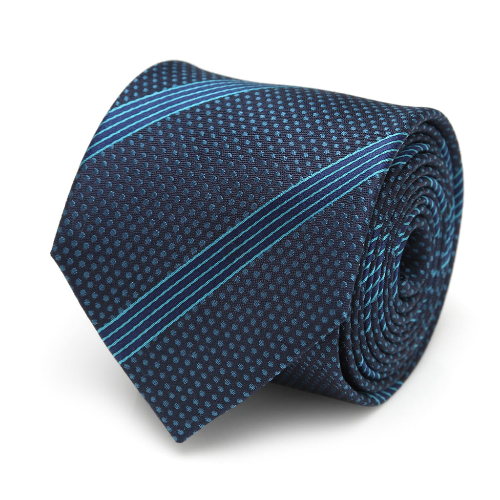 Close up of a navy blue silk necktie with azure blue stripes and an embroidered Millennium Falcon icon.