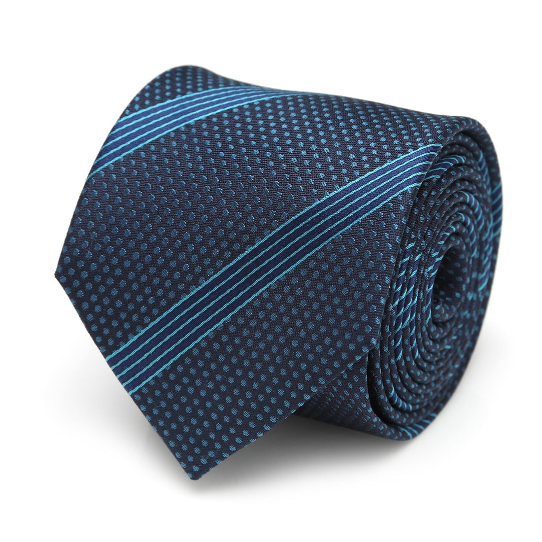 Close up of a navy blue silk necktie with azure blue stripes and an embroidered Millennium Falcon icon.