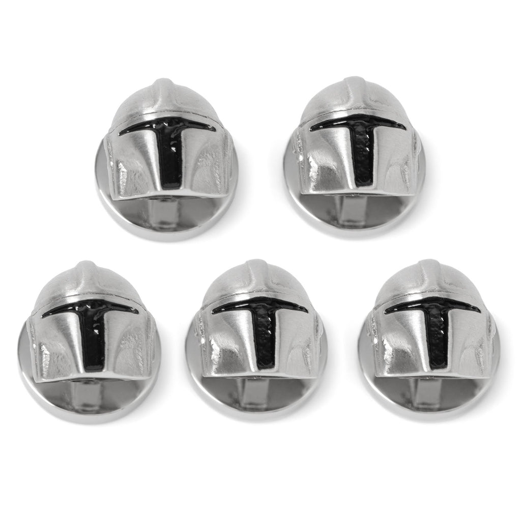 Set of 3D silver-tone Mandalorian helmet shirt studs with black detailing