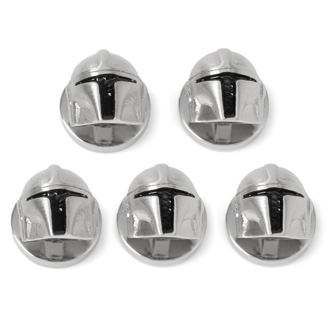 Set of 3D silver-tone Mandalorian helmet shirt studs with black detailing