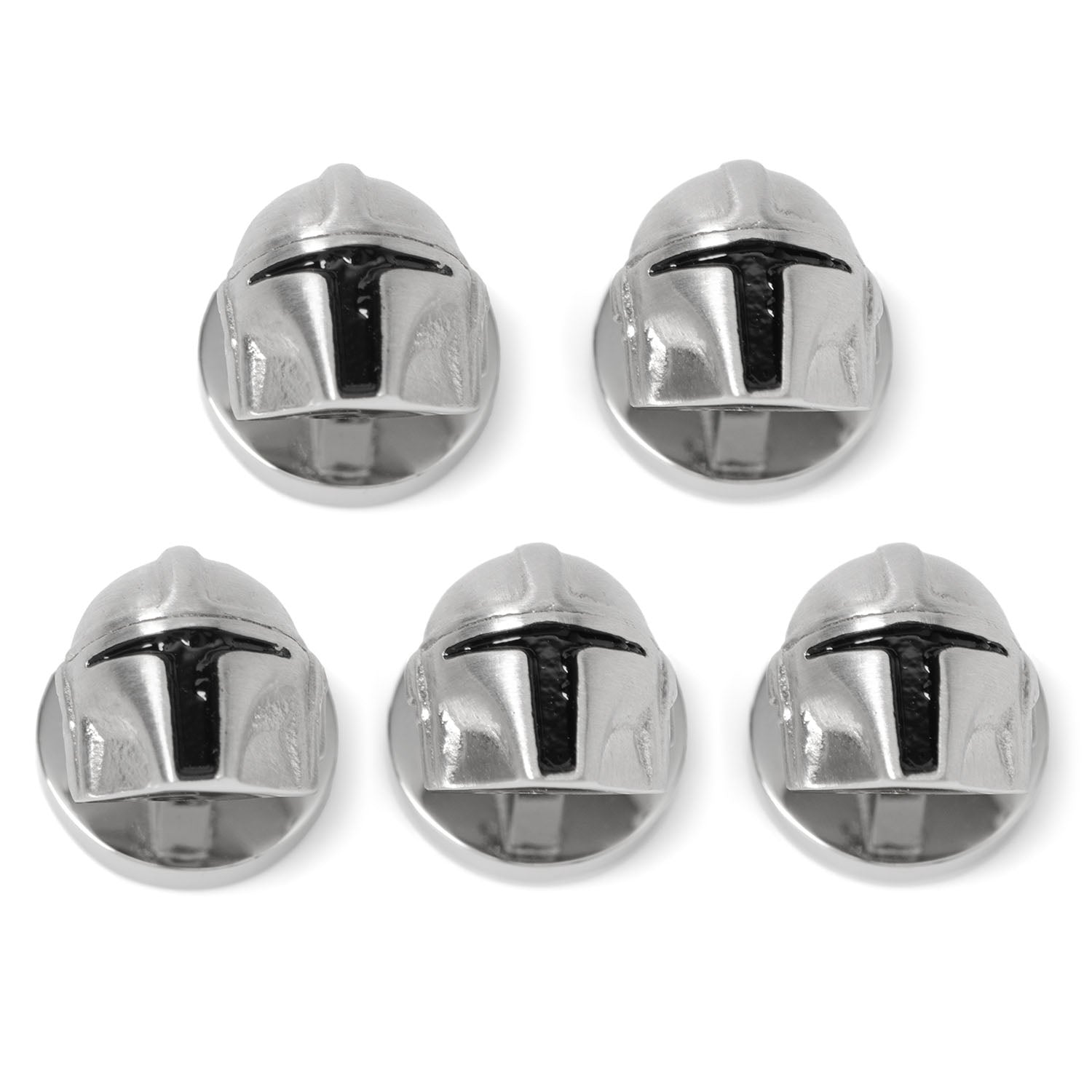 Set of 3D silver-tone Mandalorian helmet shirt studs with black detailing