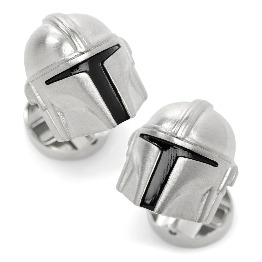 A pair of Star Wars Mandalorian helmet cufflinks featuring silver metal with black detail and a mythosaur skull logo on the swivel closure.