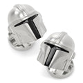 A pair of Star Wars Mandalorian helmet cufflinks featuring silver metal with black detail and a mythosaur skull logo on the swivel closure.
