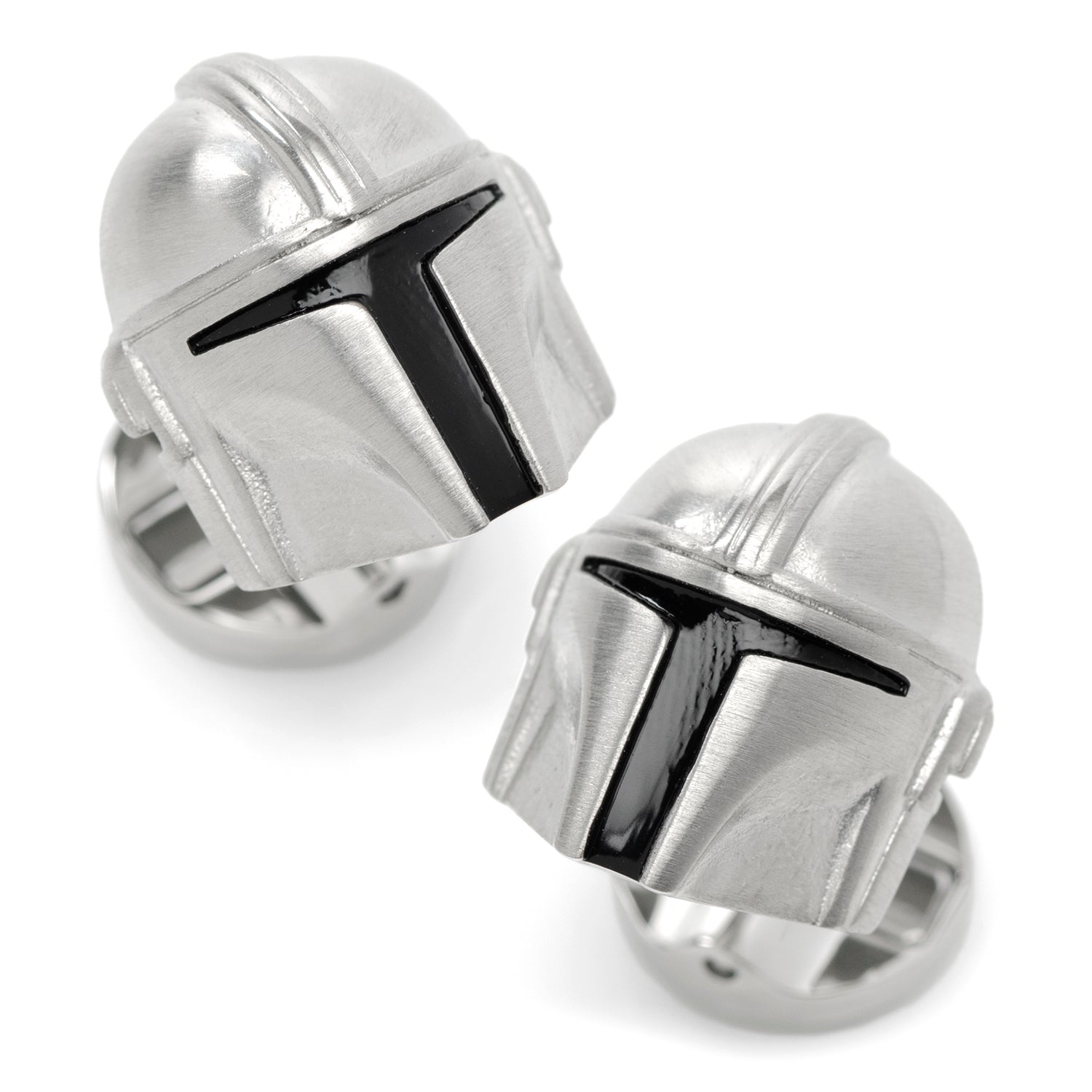 A pair of Star Wars Mandalorian helmet cufflinks featuring silver metal with black detail and a mythosaur skull logo on the swivel closure.
