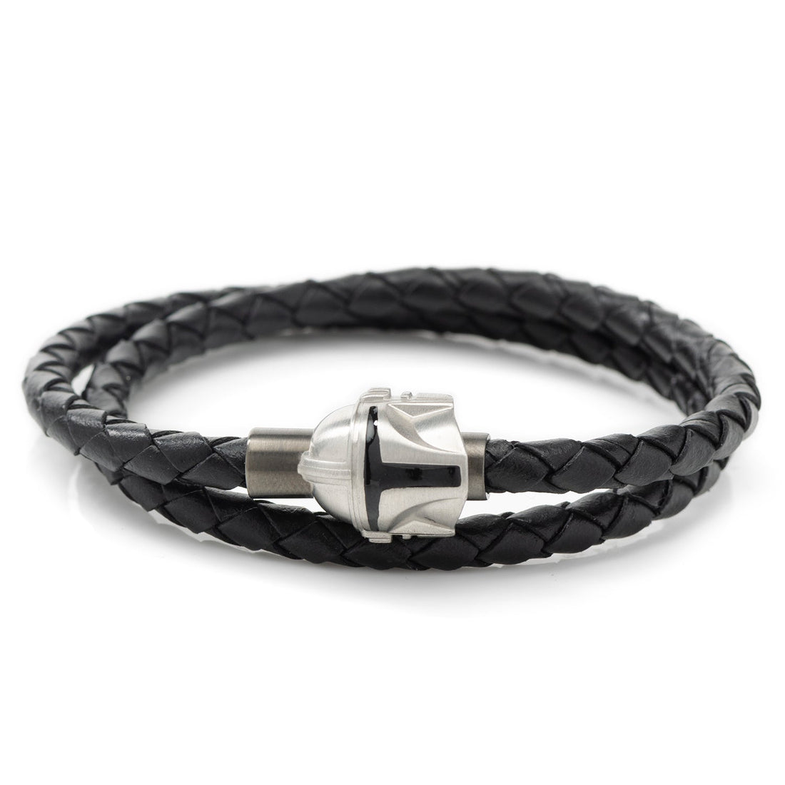 A black braided leather double wrap bracelet featuring a 3D silver-tone Mandalorian helmet magnetic closure.