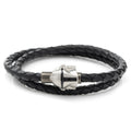 A black braided leather double wrap bracelet featuring a 3D silver-tone Mandalorian helmet magnetic closure.