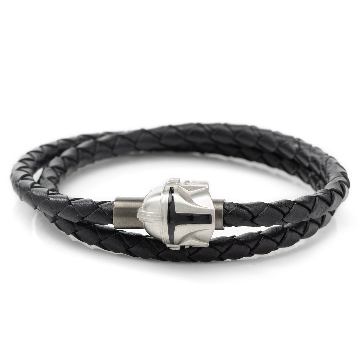A black braided leather double wrap bracelet featuring a 3D silver-tone Mandalorian helmet magnetic closure.