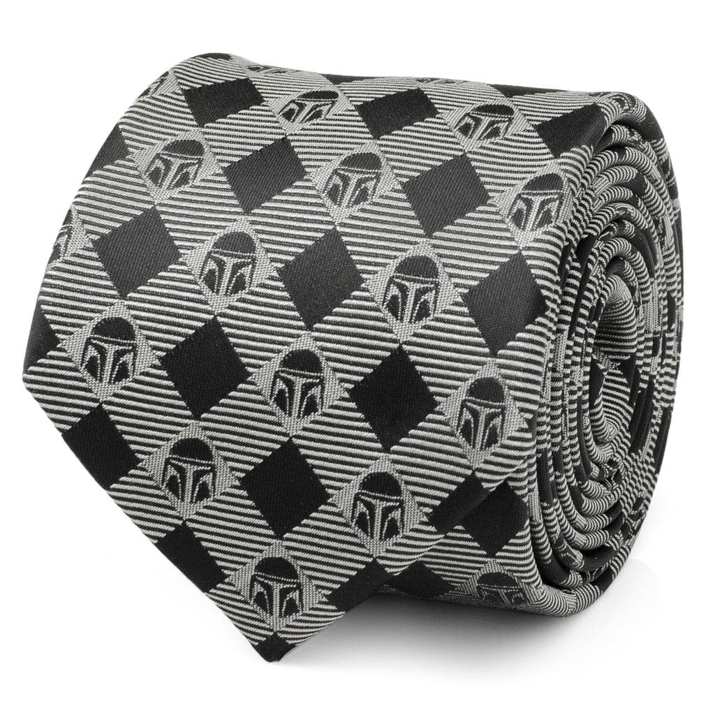 A rolled black and gray plaid tie featuring small Star Wars Mandalorian helmet icons.